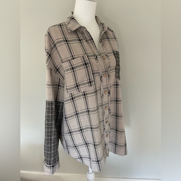 Oversized Plaid Neutral Mixed Pattern Button Down Patchwork Shirt - Picture 6 of 9
